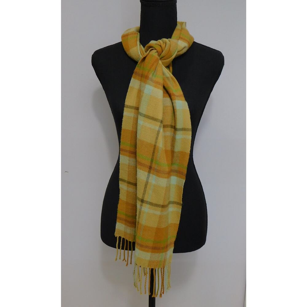 Cashmere 100%  Plaid Scarf Fringe with tones of Yellow, Brown, Cream and Green